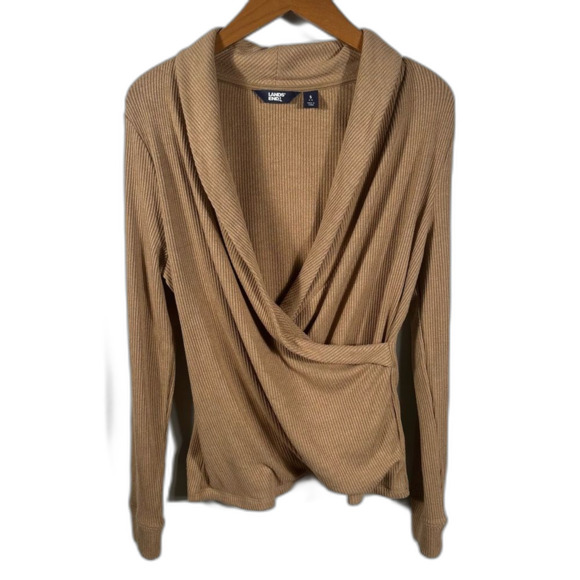 Land's End Tan Cozy Ribbed Wrap Front Sweater Top Size Small Shawl Collar Office - Picture 1 of 15